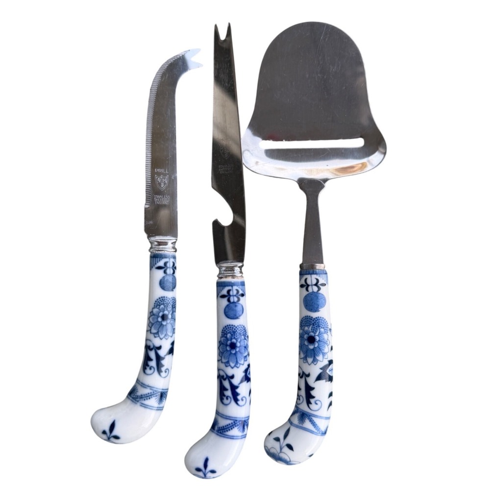 VIntage Prill Sheffield England Cheese Set Blue White Porcelain Handles 3 Piece